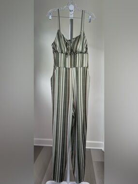 Derek Heart Striped Olive Green Wide Leg Jumpsuit-Size XL